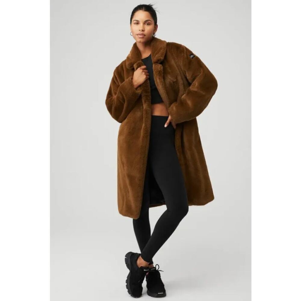 Alo Yoga Oversized Faux Fur Trench Open Front Jacket Cozy Winter Chocolate Sz M
